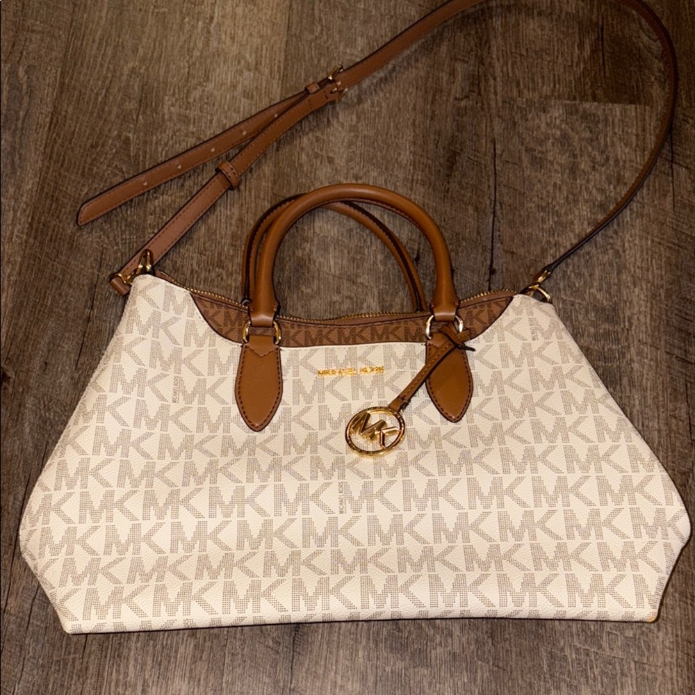 Michael Kors Tan and Cream Satchel with Monogram and Leather Trim